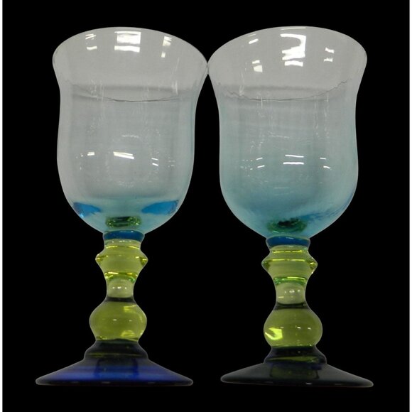 Anthropologie Glass Galleria 7 1/4" Wine Water Goblet Glass Blue Green Set Of 2 - Picture 2 of 10